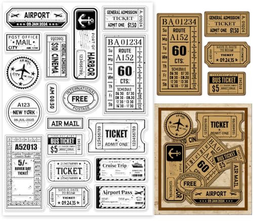 GLOBLELAND Vintage Reisetickets, Klare Stempel Zum Basteln von Karten, Retro Reise Porto, Klare Stempelsiegel, 5.83x8.27 Zoll Transparente Stempel Für DIY Scrapbooking, Fotoalbum, Tagebuch