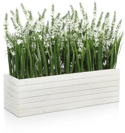 Oairse Artificial Lavender Flower Plants in Rectangular Wooden Planter Box Lifelike Faux Lavender Plant for Home Wedding Kitchen Windowsill Table Shelf Indoor Farmhouse Table Centerpiece Decor