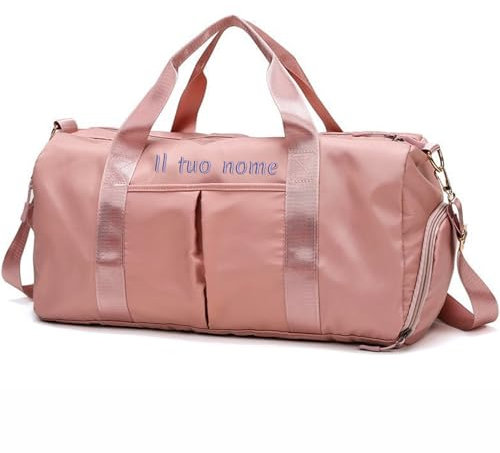 Borsone Personalizzato, Borsa da Palestra con Nome Ricamato, con Tasca Asciutta e Bagnata e Scomparto per Scarpe, Borsa Palestra Uomo/Donna Personalizzata, Borsa da Danza e Yoga (Rosa)