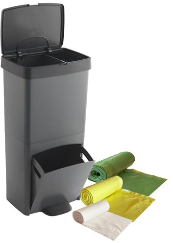 Pack Cubo de basura o reciclaje 70L, VERTICAL, 2 Compartimentos, Papelera residuos, 76 cm, INCLUYE bolsas de basura adaptadas (10L + 30L + 40L)