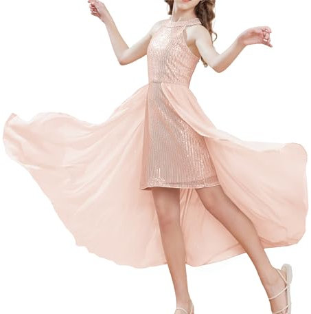 Fille Robe de Fête à Dos Nu Robe Maxi à Sequin et Traîne Jolie Robe de Fée pour Petite Fille Robe à Paillettes Or Rose 12-14 Ans