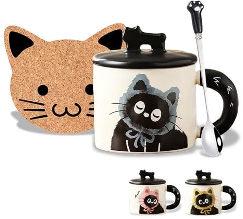 Kawaii Black Cat Mugs with Lids & Spoons - Cute Kitty Coffee Mugs for Cat Lovers - Halloween & Christmas Gifts for Her
