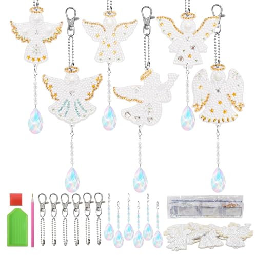 WEDNOK 6 Set Schutzengel Diamond Painting Sonnenanfänger Engel Bastelset Anhänger Glücksbringer Weihnachtsdeko Glücksengel zum Basteln für Kinder Weihnachten Weihnachtsbaum Fenster