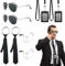 FUIPVGI 10 Piezas Accesorios para Agentes, Juego de Accesorios para Disfraz de Chófer Guardia de Seguridad, con Gafas de Sol, Corbata, Tarjetero, Tubo para Auriculares, para Carnaval, Halloween(Negro)