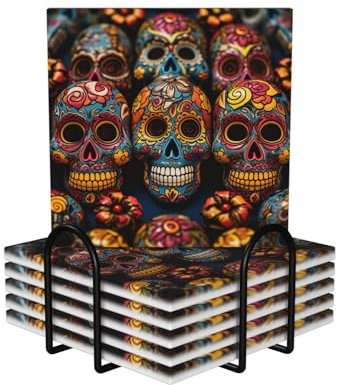 Untersetzer für Getränke, 6 Stück, Keramik-Untersetzer mit Metallhalter, Getränkeuntersetzer, bunte Zuckerschädel, Untersetzer, quadratisch, Keramik, Getränkeuntersetzer, hitzebeständig, Tassenmatte