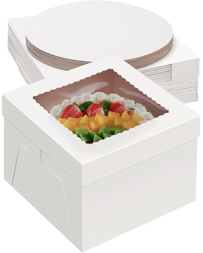 Tlczrva Tortenkarton,5er-PackTortenbox Set, Kuchenbox,Tortentransportbox，weiße Tortenschachtel mit Fenster und 5 Kuchenrunde Bretter, Kuchenkarton für Torten, Gebäck（30.5 * 30.5 * 20.3）