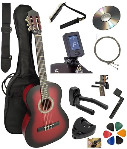 AMROVA Pack Guitare Classique 3/4 Enfant pour Gaucher (9 à 12 ans) 10 Accessoires Cour Vidéo et CD (Rouge, 3/4, Gauche)