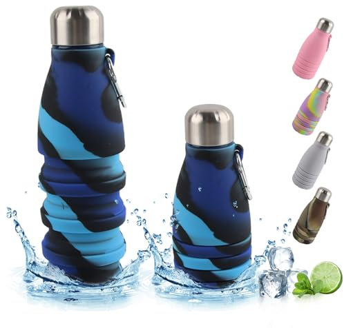 Dwafill Gobelet Pliable Silicone, 550 Ml Gourde Souple, éTanche et Portable, Sans Bpa, lasque Running, Adapté Camping, Sports de Plein Air, Voyages, Bouteille Pliable Randonnée (Camouflage Bleu)