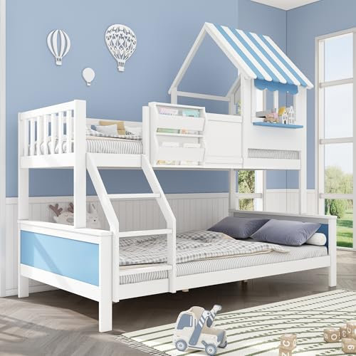 Merax Etagenbett Kinderbett mit Stauraumkasten, Schrägleiter & Fensterform,Kiefer & MDF, 90x200cm & 120x200cm, Weiß & Blau, mit Sicherheitsgeländer und EN747 Zertifizierung, ohne Matratze