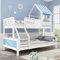 Merax Etagenbett Kinderbett mit Stauraumkasten, Schrägleiter & Fensterform,Kiefer & MDF, 90x200cm & 120x200cm, Weiß & Blau, mit Sicherheitsgeländer und EN747 Zertifizierung, ohne Matratze