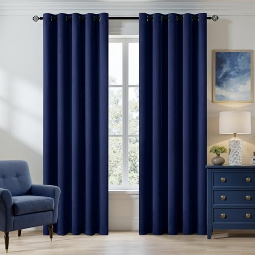 MIULEE Blackout Curtains Navy Eyelet 2 Panels 66x90 in | Thermal insulated blackout fabric for bedrooms and living rooms; helps block light and reduce heat.
