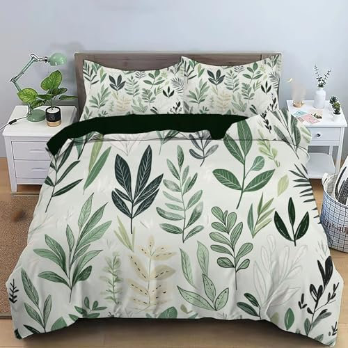 JEDTAKCT Hand Drawn Fern Duvet Cover Set Super King, Sage Green Reversible Duvet Cover Matching 2 Pillow Shams, 3D Print Minimalistic Illustration Lightweight Bedding Set With Zipper For Teens Adults