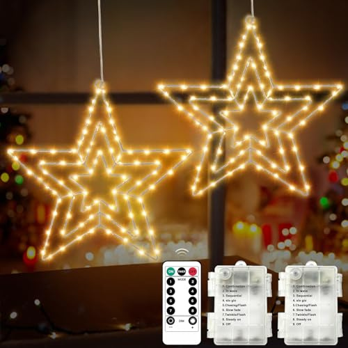 AGOTD weihnachtsstern beleuchtet mit 2 Pack 75 LED Warmweiß LED Stern Fenster Lichter, Weihnachtsdeko Lichterkette mit Timer für Fenster Innen Zimmer Balkon Geburtstag Party