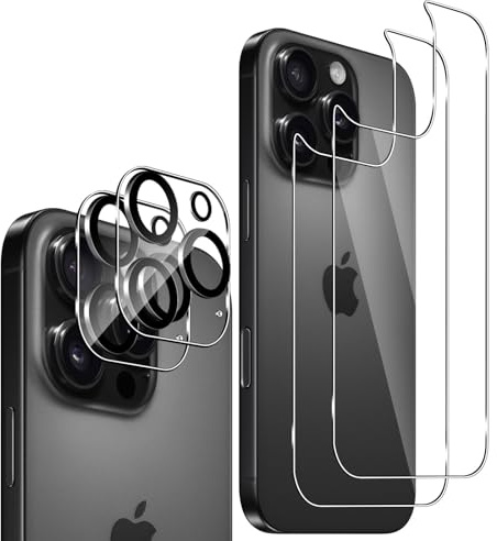 Funrae Rückseite Schutzfolie für iPhone 16 Pro 6.3 für Panzerglas Rückseite mit Kameraschutz [2+2 PCS], 9H Härte Zurück Glasfolie, Hinten Schutzglas HD Klar Anti-Kratzen Back Film Kamera Folie