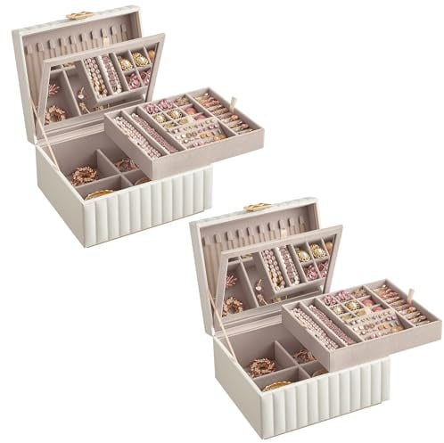 SONGMICS HOME ANAH Kollektion - Schmuckkästchen 2 Ebenen, 2er Set, Schmuckbox mit Spiegel, Schmucktablett herausnehmbar, PU mit Nähten, Schwebe-Effekt, 21,5 x 24 x 13,5 cm, wolkenweiß JBC182W01-2J