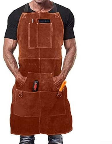 Delantal de soldadura de cuero para hombres | Delantal de trabajo de servicio pesado resistente al calor y al fuego con 6 bolsillos | Delantal protector de cuero vacuno marrón para soldadores