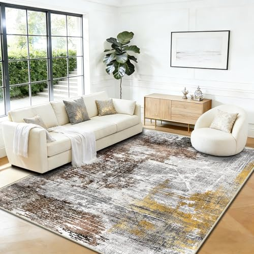 WQMMD Waschbare Modern Teppich Wohnzimmer 160x230cm Kurzflor rutschfest Weich Braun Grau Farbverlauf Teppich Abstrakt Minimalistisch für Esszimmer,Büro Bereich Dekor, Schlafzimmer