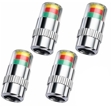 4pcs Car Tyre Pressure Caps with Colour Indicator, Tyre Pressure Monitor Valve Stem Caps for Cars Motorcycles Bikes, Metal Tyre Pressure Sensor Caps Dust Cover Universal Fit