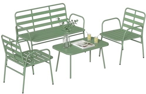 Outsunny Salon de Jardin Extérieur 4 Pièces, Canapé 2 Places, 2 Fauteuils, Table Basse, Mobilier de Jardin à Lattes pour Balcon Terrasse, Acier, Vert