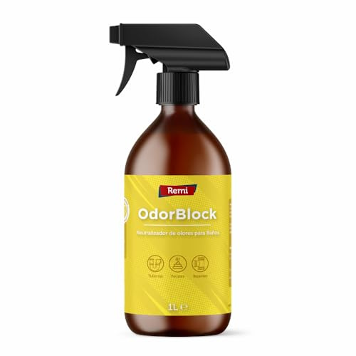 Remi Hogar | Eliminador de Olores Baños OdorBlock 1 Litro | Neutralizador de Olores para Baños, Tuberías, Bajantes e Inodoros | Quita Olores Fuertes, Fecales y Persistentes | Uso Diario