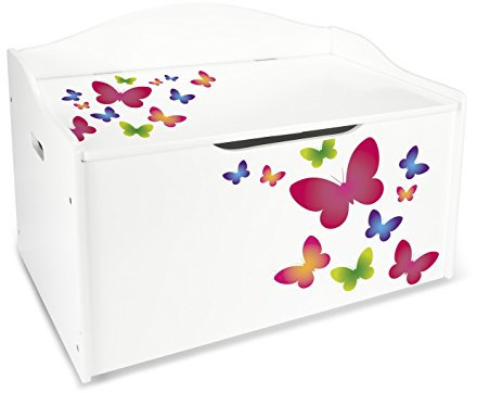 Leomark Kinderbank Hölzerne - Schmetterlinge XL - Kindertruhenbank, Behälter für Spielzeug, Truhe für Kinderzimmer, Kindermöbel, Sitzbank Höhe: 46 cm