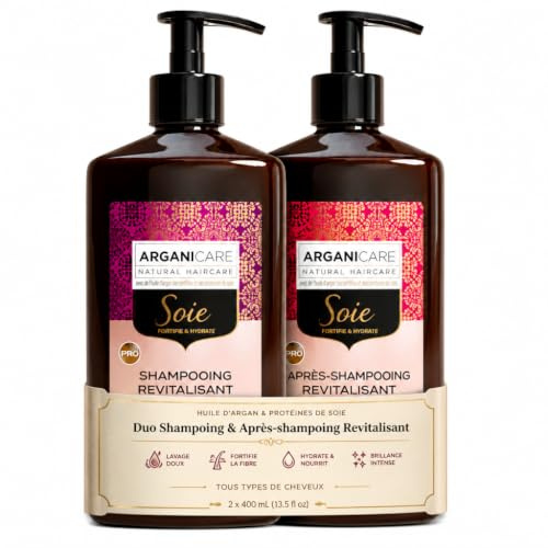ARGANICARE Coffret Duo Protéines de Soie – Shampoing + Après-shampoing revitalisant pour cheveux ternes et secs, enrichi en huile d’Argan, brillance & souplesse – 2 x 400 ml
