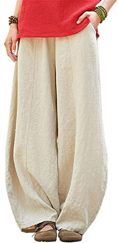 IXIMO Women's Casual Cotton Linen Baggy Pants with Elastic Waist Relax Fit Lantern Trousers Beige XL