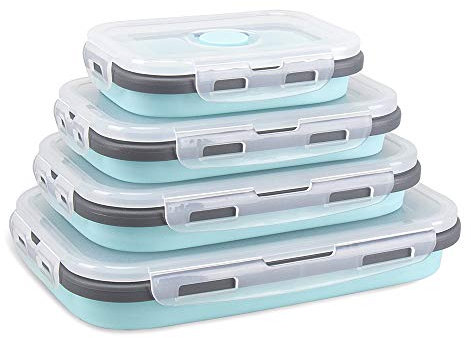 Juego de recipientes de almacenamiento de alimentos plegables, de silicona, herméticos, 350/500/800/1200 ml azul