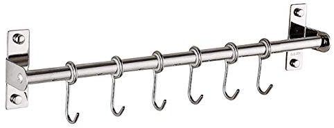 Stainless Steel Kitchen Hanger Storage Hooks - Space Saver Utensil Rack, Wall Mounted Rail With 6/8 Removable Hooks for Bathrooms, Hotel (6 Hooks)