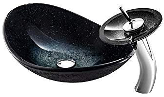 HomeLava Gehärtetes Glas Mini Waschbecken Aufsatzwaschbecken Waschschale Handwaschbecken mit Wasserfall Wasserhahn und Ablaufgarnitur für Gäste WC Bad 42cm