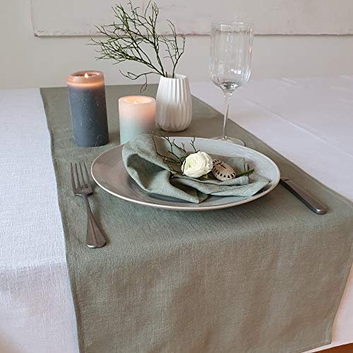 Farnberg Premium Tischläufer aus Leinen - Moderne Tischdeko für Küchentisch, Esstisch - Tischband - Tischdecke - (40 x 150 cm) - Uni Salbei
