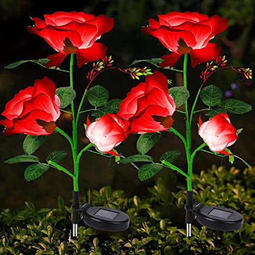 eaaerr Solarlampen für Außen Garten, 2 Stück Solarleuchten Garten mit 6 Größere Rosenblüte, Wasserdicht LED Solarleuchten Garten Deko für Rasen, Terrasse, Hof, weihnachtsdeko(Rot)