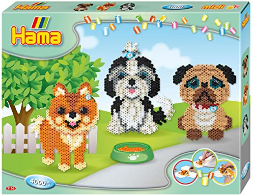 Hama Perlen 3156 Geschenk-Set Hunde mit ca. 4.000 bunten Midi Bügelperlen mit Durchmesser 5 mm, Motivvorlage und Stiftplatten, inkl. Bügelpapier, kreativer Bastelspaß für Groß und Klein