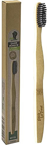Ökolution Bambus Zahnbürste, Griff aus nachwachsendem Bambus-Holz plastikfrei, Nylon-Borsten Medium, Borsten mit Aktivkohle behandelt für beste Sauberkeit, nachhaltige FSC-Kartonverpackung, Braun