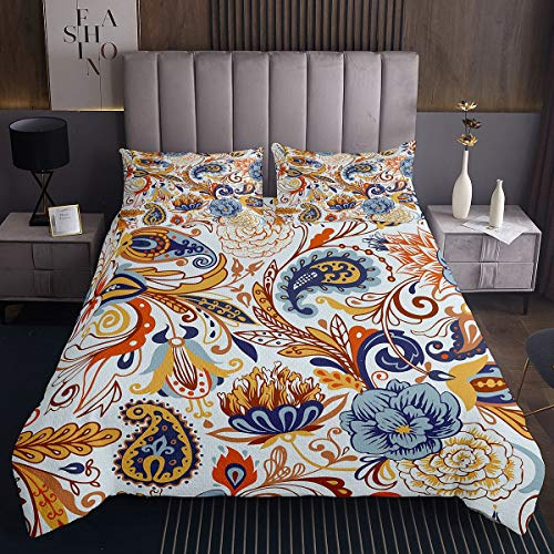 Homemissing Boho Paisley Steppdecke Gelb Blau Blumen Tagesdecke 170x210cm für Mädchen Frauen Bohemian Exotisch Stil Bettüberwurf Blütenblumen Design Wohndecke 2St