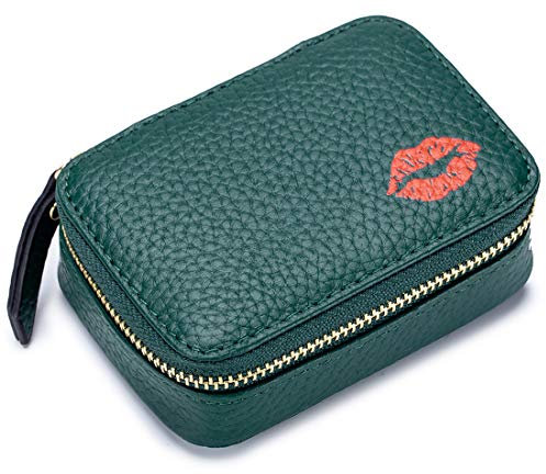 Aileder Mini-Lippenstift-Etui mit Spiegel, echtes Leder, kleine Reise-Make-up-Kosmetiktasche, Aufbewahrungstasche für Frauen und Mädchen, Dunkelgrün