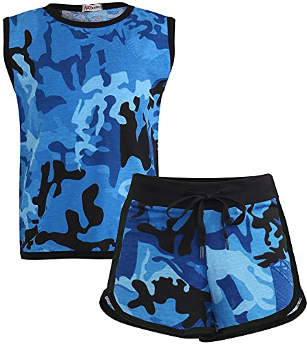 A2Z 4 Kids Girls Shorts Set 100% Cotton Camouflage Tape T Shirt - Shorts Set 479 Camo Blue 11-12