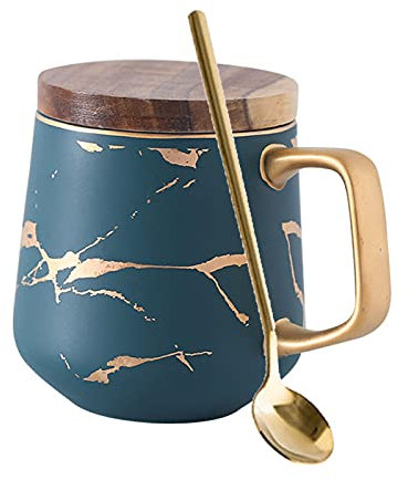 Marbled Matt Gold Pattern Ceramic Coffee Cups Set, Nordic Bohemia Style Cappuccino Cups Tea Cups Mug Cups with Spoon, Wooden Disc or Wooden Lid, Birthday, Valentine's Day Gift (Green, 360 ML)