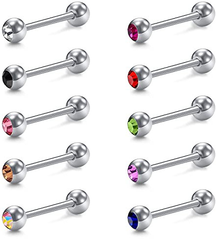 vcmart 10stk Zungenpiercing Set 1,6mm Chirurgenstahl 14G mit Kristall 12/14/16/18mm Verfügbar