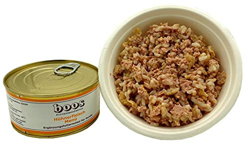 Boos-Hühnerfleisch-Menü 6 x 300g (insg. 1,8kg) Hundefutter, Nassfutter, Hühnerfleisch (70%) Reis, Kein Zusatz von Aroma-, Farb-, BZW. Konservierungsstoffen, Emulgatoren, Stabilisatoren oder Salz