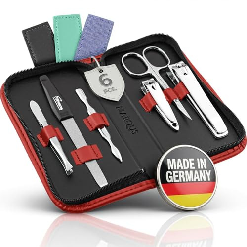 Solingen Manicure Set for Women and Men - 6-Piece Nail Grooming Kit - Pedicure Tools - Ideal for Travelling, as a present and home use, Red
