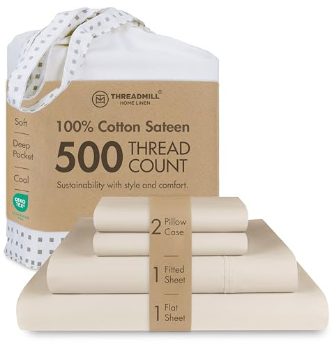 Threadmill 5-Star Hotel 500 Fadenzahl Beste Bettlaken, 100% Baumwolle, Bettwäsche-Set für Queen-Size-Bett, glatter als ägyptische Baumwolle, 4-teiliges Set mit tiefen Taschen (Beige)