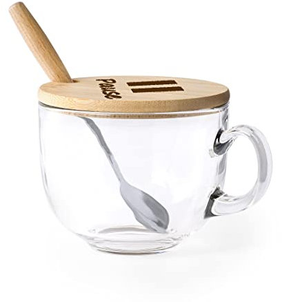 Giomel Tazza Mug in Vetro con Cucchiaino e Coperchio in Bambù Personalizzabile con Logo Grafica o Testo Idea Regalo Simpatica ed Originale per ogni Occasione