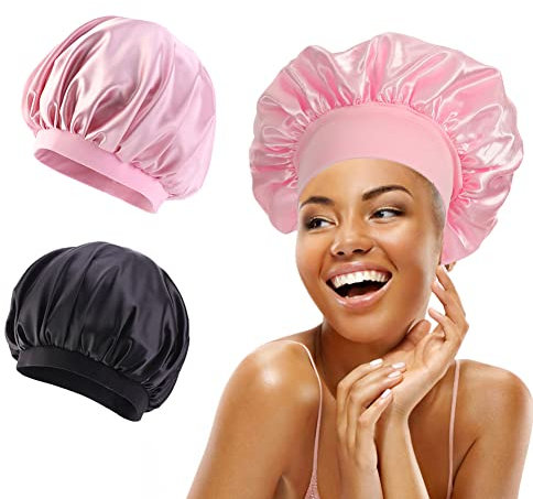 SEGMINISMART Satin Bonnet,Schlafmütze Satin Damen,Satin Schlafmütze,2Pc Nachtmütze Bonnet Verstellbare Silk Bonnet zum Schlafen Weiche Satin Haube für Locken Damen und Mädchen,Rosa + Schwarz