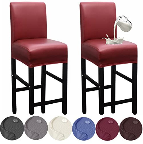 HFCNMY Bar Stool Covers, 2 Pack Stretch Waterproof PU Leather Bar Stool Covers with Backs, Red