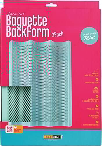 Dekoback GmbH DECOCINO Baguette Backform 38,5 * 28cm - Mint Edition - hochwertiges Backblech mit Antihaftbeschichtung, zum Backen von 3 Baguettes - spülmaschinengeeignet
