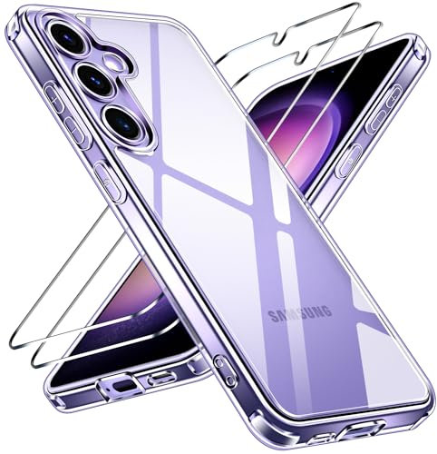 ivoler 3 in 1 Hülle für Samsung Galaxy S24 5G, 1 Handyhülle mit 2 Stück Panzer Schutz Glas, [Nie Vergilbung] [Militärischer Schutz] [Kameraschutz] Dünn Transparent Stoßfest Schutzhülle Kratzfest Case