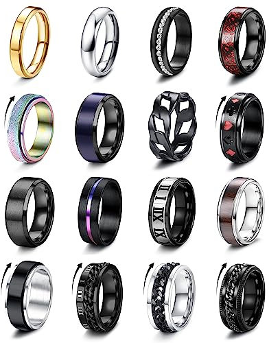 FIOROYAL 16 Stück Ringe Herren Edelstahl Herren Ring Schwarz Coole Ketten Fidget Spinner Ring Set Flaschenöffner Ringe Hochzeit Versprechen Ring für Männer Damen Größe 67