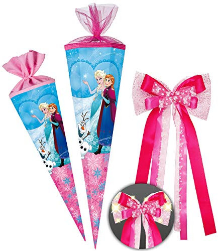 Schultüte - die Eiskönigin - Frozen - 50 cm - rund - incl. große LED LICHT - Schleife - Tüllabschluß - Zuckertüte - mit - ohne Kunststoff Spitze - Nestler - S..