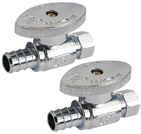 Hourleey 2 Stück gerades Absperrventil, Wasserabsperrventil, 1,27 cm PEX x 0,95 cm OD Kompression, Vierteldrehung, verchromtes Messingventil für Armaturen und Toiletten